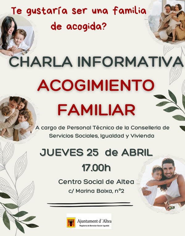 Una charla sobre acogimiento familiar informará de cuestiones relativas al tema y despejará dudas 